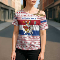 Netherlands Christmas Cross Shoulder Shirt with Sinterklaas Horse Dutch Flag and Festive Knit Pattern - Wonder Print Shop