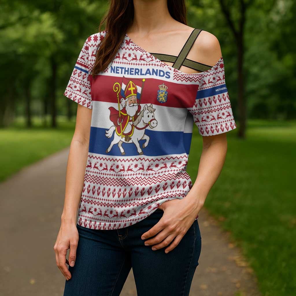 Netherlands Christmas Cross Shoulder Shirt with Sinterklaas Horse Dutch Flag and Festive Knit Pattern - Wonder Print Shop