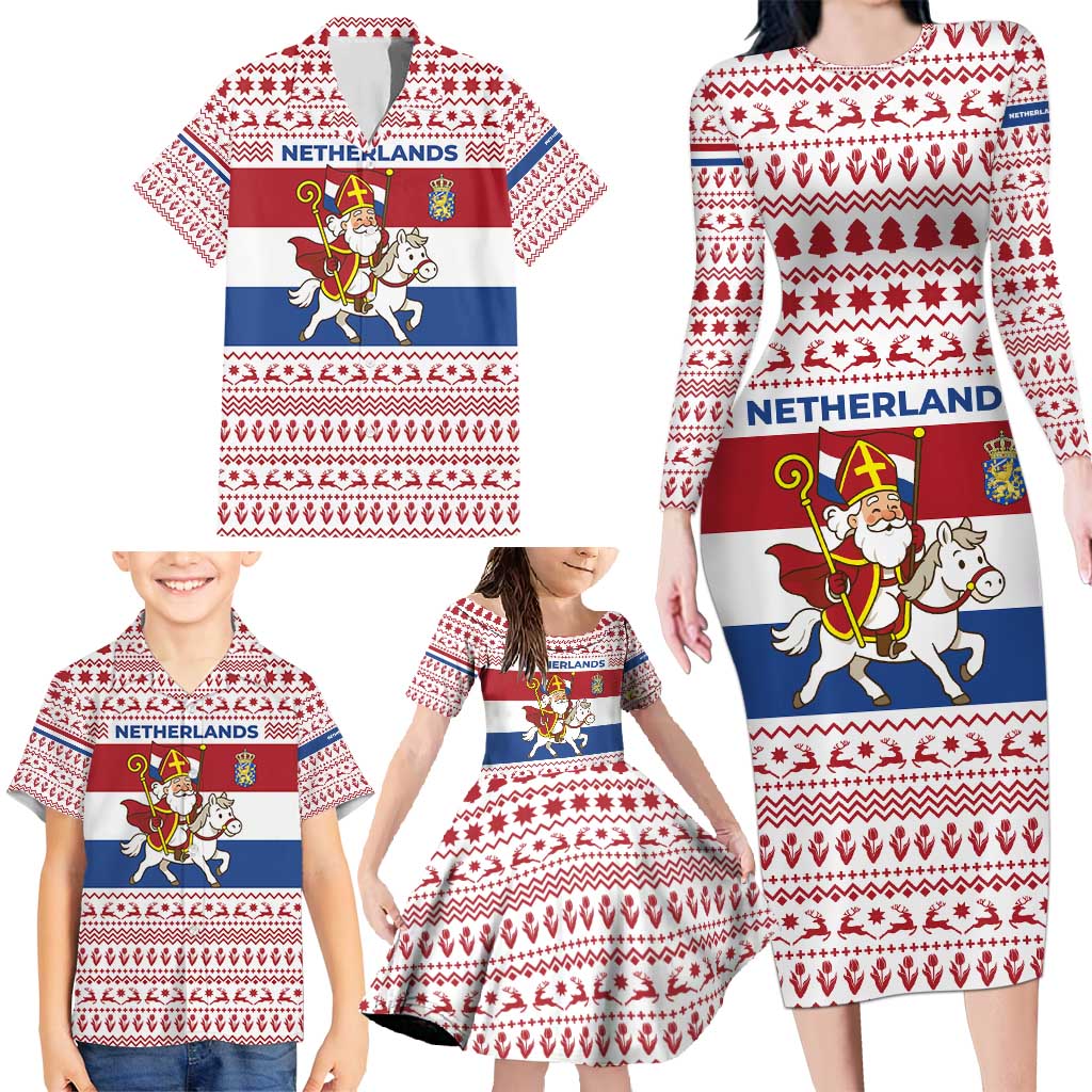 Netherlands Christmas Family Matching Long Sleeve Bodycon Dress and Hawaiian Shirt with Sinterklaas Horse Dutch Flag and Festive Knit Pattern - Wonder Print Shop