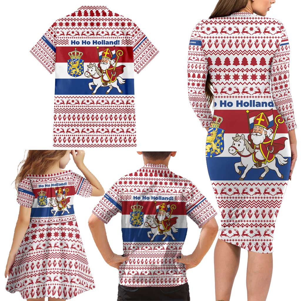 Netherlands Christmas Family Matching Long Sleeve Bodycon Dress and Hawaiian Shirt with Sinterklaas Horse Dutch Flag and Festive Knit Pattern - Wonder Print Shop