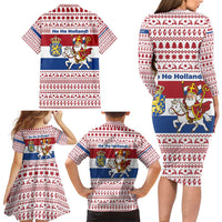 Netherlands Christmas Family Matching Long Sleeve Bodycon Dress and Hawaiian Shirt with Sinterklaas Horse Dutch Flag and Festive Knit Pattern - Wonder Print Shop