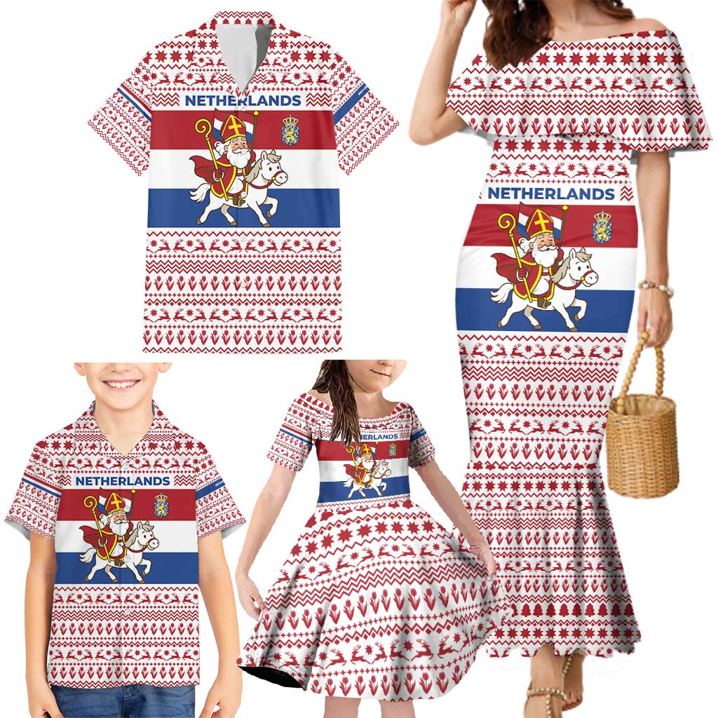 Netherlands Christmas Family Matching Mermaid Dress and Hawaiian Shirt with Sinterklaas Horse Dutch Flag and Festive Knit Pattern - Wonder Print Shop