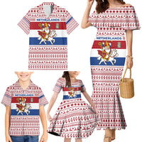 Netherlands Christmas Family Matching Mermaid Dress and Hawaiian Shirt with Sinterklaas Horse Dutch Flag and Festive Knit Pattern - Wonder Print Shop