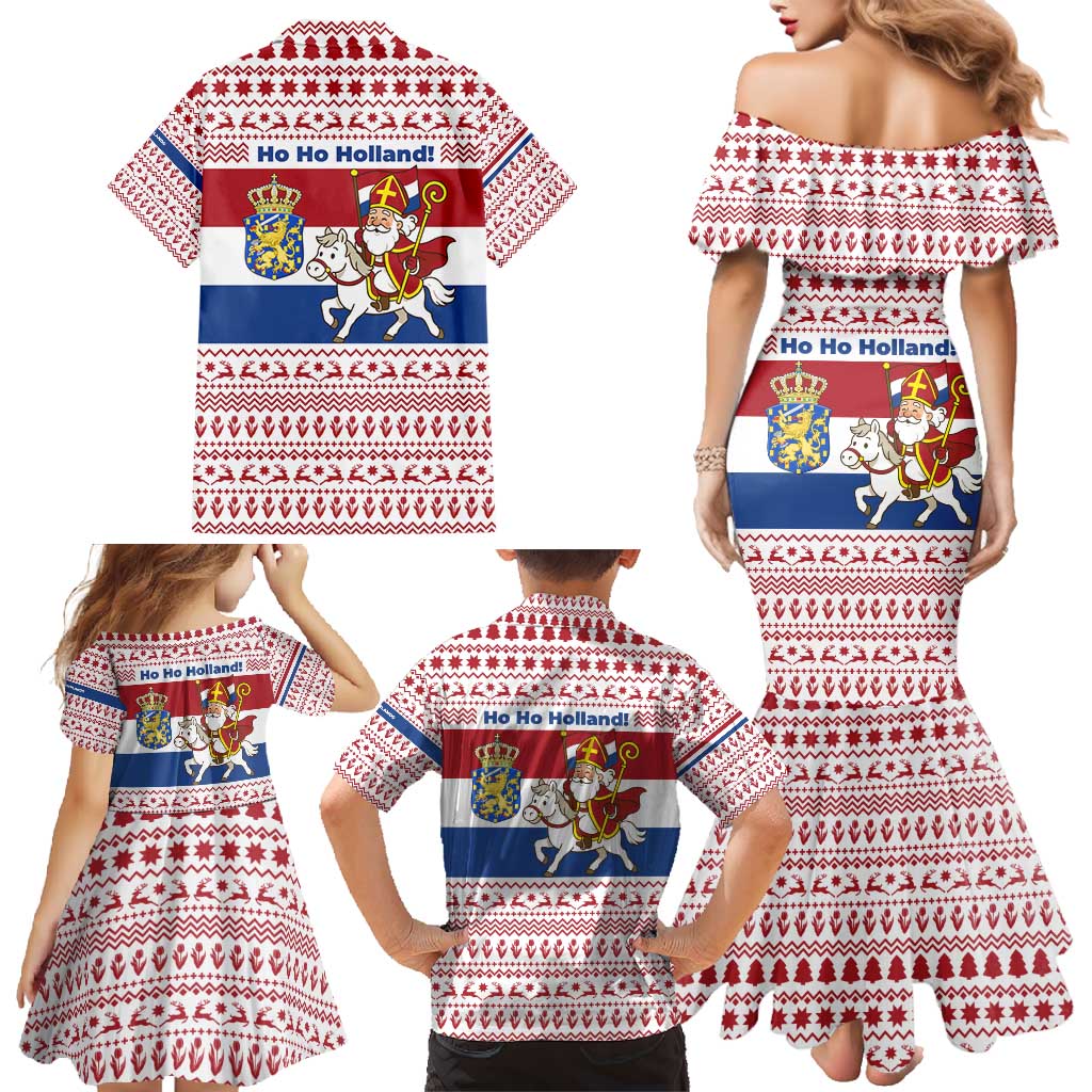 Netherlands Christmas Family Matching Mermaid Dress and Hawaiian Shirt with Sinterklaas Horse Dutch Flag and Festive Knit Pattern - Wonder Print Shop