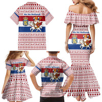 Netherlands Christmas Family Matching Mermaid Dress and Hawaiian Shirt with Sinterklaas Horse Dutch Flag and Festive Knit Pattern - Wonder Print Shop