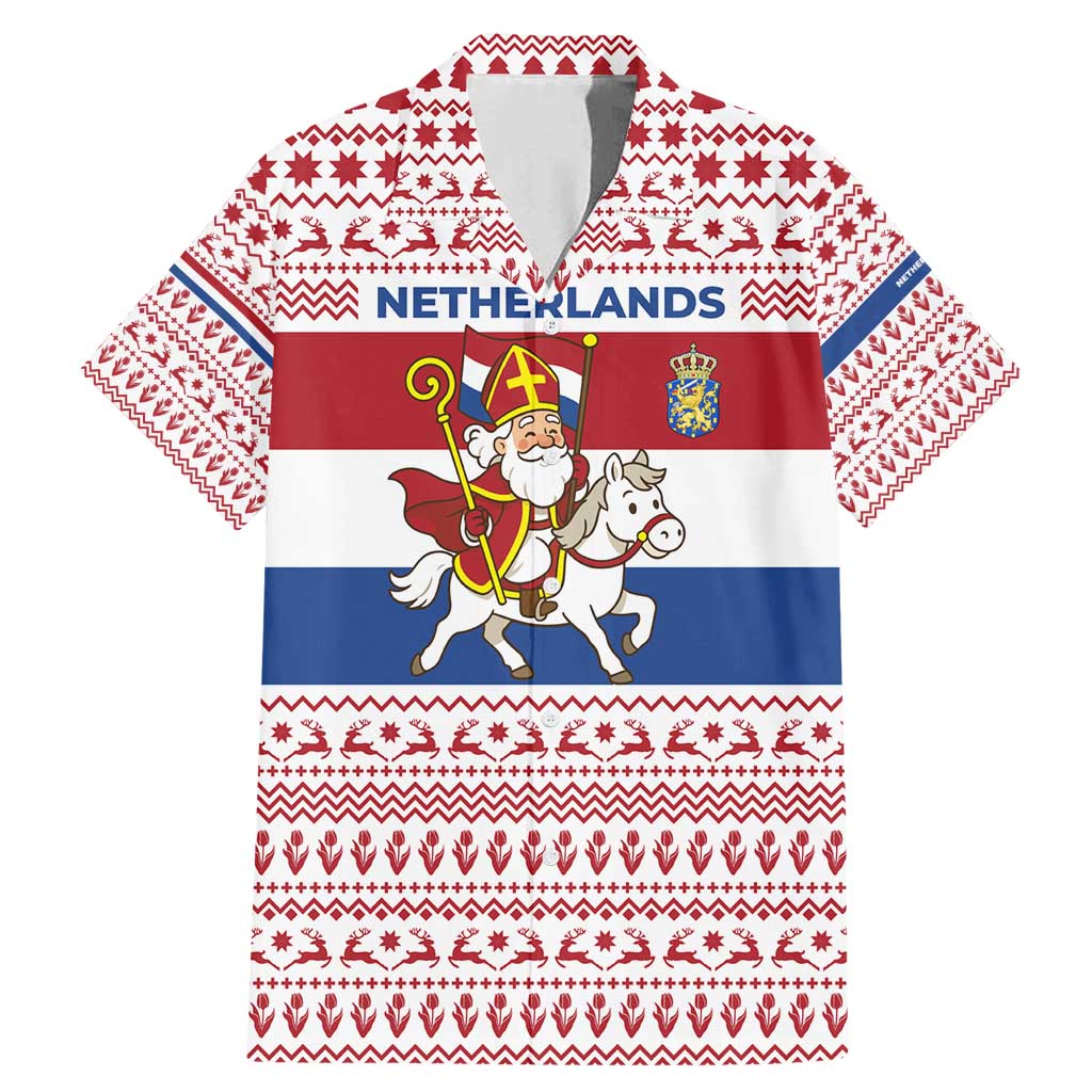 Netherlands Christmas Family Matching Mermaid Dress and Hawaiian Shirt with Sinterklaas Horse Dutch Flag and Festive Knit Pattern - Wonder Print Shop