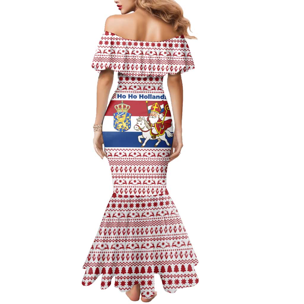 Netherlands Christmas Family Matching Mermaid Dress and Hawaiian Shirt with Sinterklaas Horse Dutch Flag and Festive Knit Pattern - Wonder Print Shop
