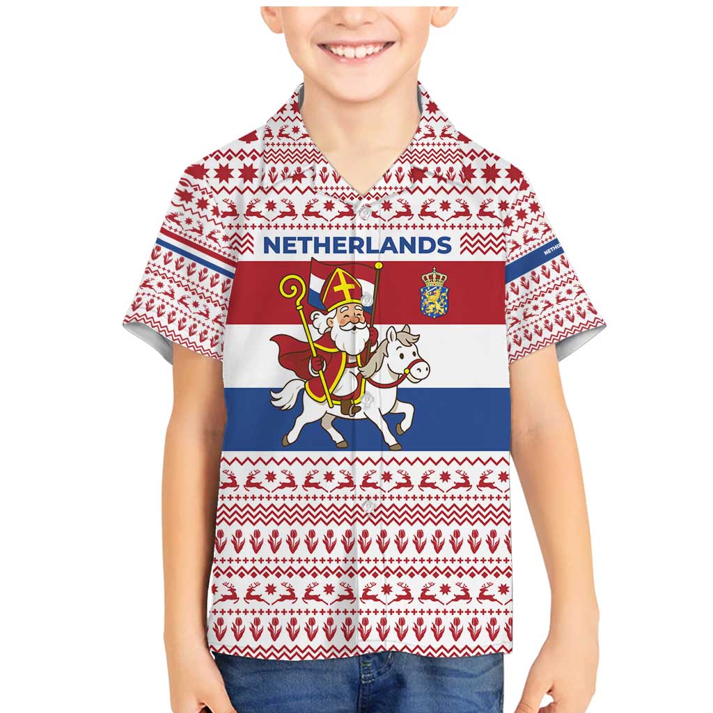 Netherlands Christmas Family Matching Mermaid Dress and Hawaiian Shirt with Sinterklaas Horse Dutch Flag and Festive Knit Pattern - Wonder Print Shop