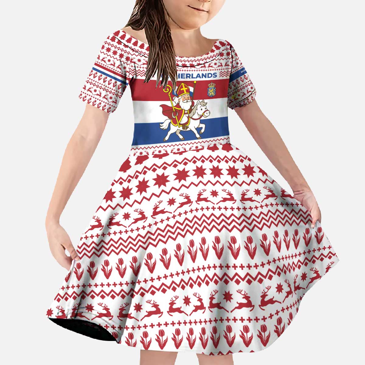 Netherlands Christmas Family Matching Off The Shoulder Long Sleeve Dress and Hawaiian Shirt with Sinterklaas Horse Dutch Flag and Festive Knit Pattern - Wonder Print Shop