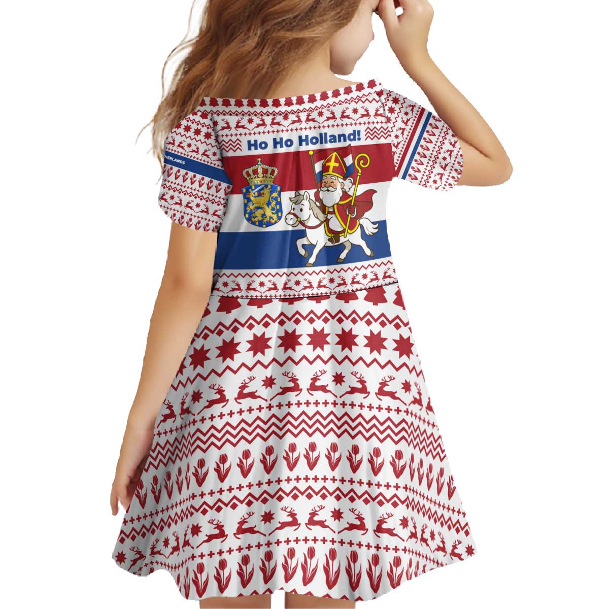 Netherlands Christmas Family Matching Off The Shoulder Long Sleeve Dress and Hawaiian Shirt with Sinterklaas Horse Dutch Flag and Festive Knit Pattern - Wonder Print Shop