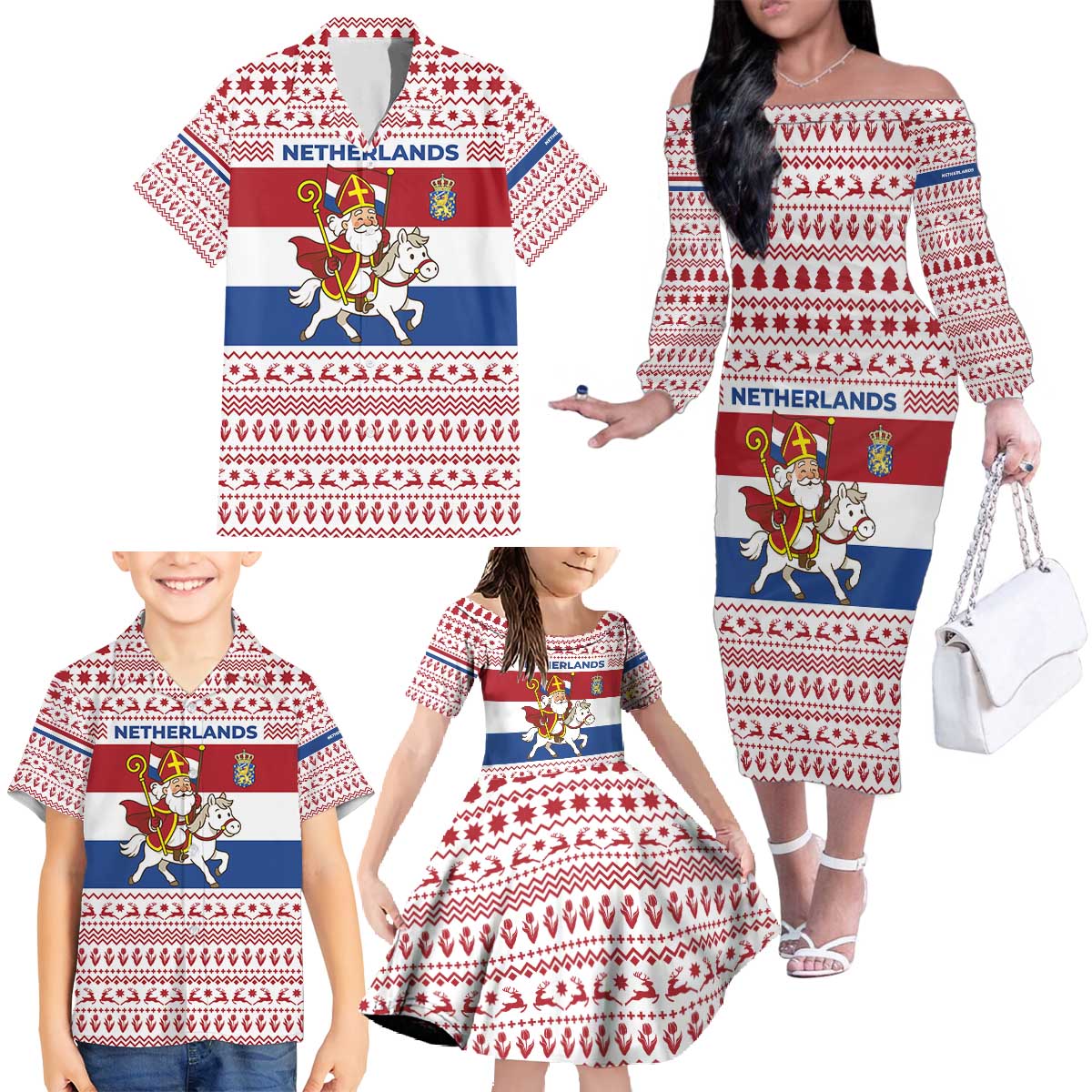 Netherlands Christmas Family Matching Off The Shoulder Long Sleeve Dress and Hawaiian Shirt with Sinterklaas Horse Dutch Flag and Festive Knit Pattern - Wonder Print Shop