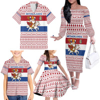 Netherlands Christmas Family Matching Off The Shoulder Long Sleeve Dress and Hawaiian Shirt with Sinterklaas Horse Dutch Flag and Festive Knit Pattern - Wonder Print Shop