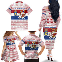 Netherlands Christmas Family Matching Off The Shoulder Long Sleeve Dress and Hawaiian Shirt with Sinterklaas Horse Dutch Flag and Festive Knit Pattern - Wonder Print Shop