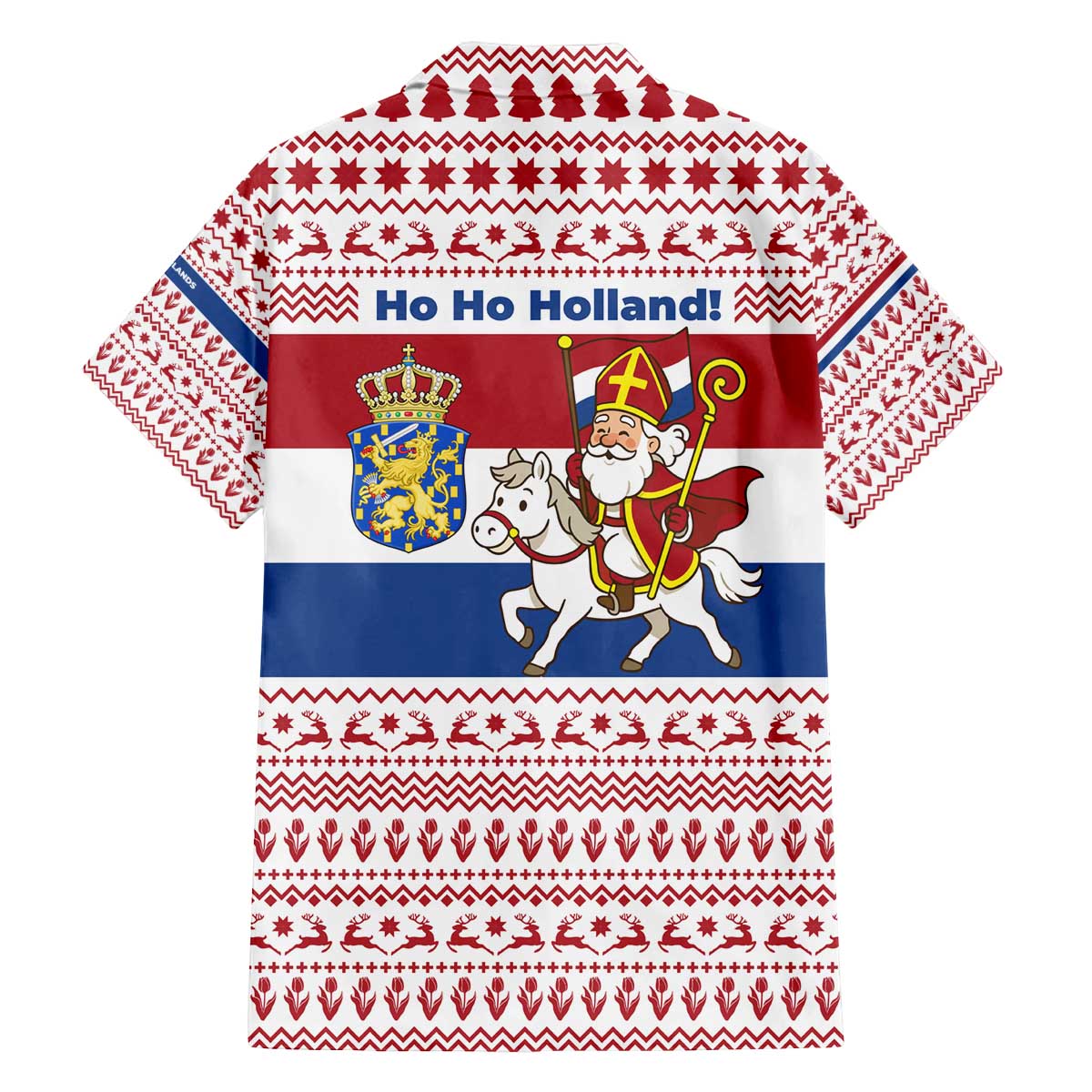 Netherlands Christmas Family Matching Off The Shoulder Long Sleeve Dress and Hawaiian Shirt with Sinterklaas Horse Dutch Flag and Festive Knit Pattern - Wonder Print Shop