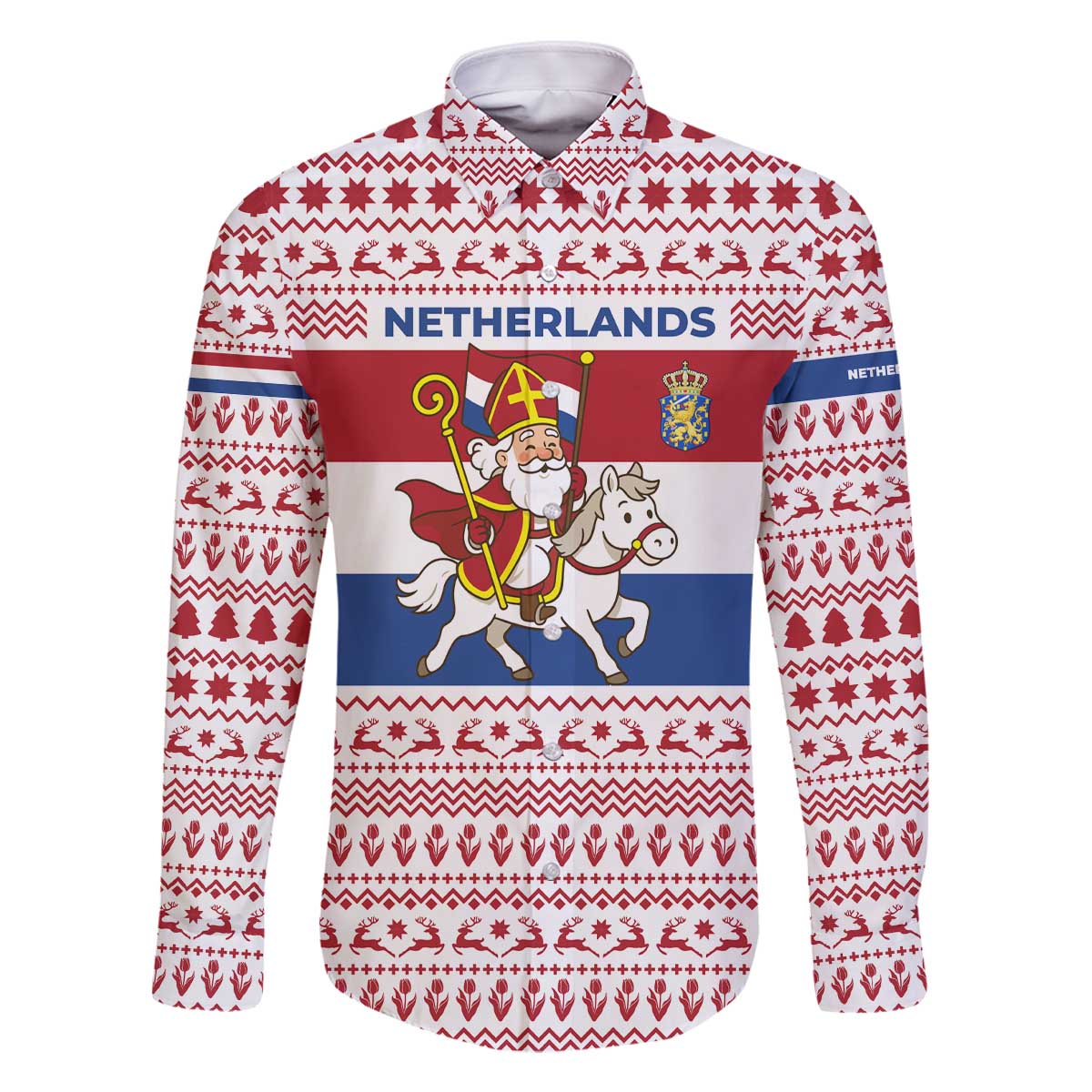 Netherlands Christmas Family Matching Off The Shoulder Long Sleeve Dress and Hawaiian Shirt with Sinterklaas Horse Dutch Flag and Festive Knit Pattern - Wonder Print Shop