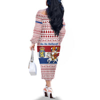 Netherlands Christmas Family Matching Off The Shoulder Long Sleeve Dress and Hawaiian Shirt with Sinterklaas Horse Dutch Flag and Festive Knit Pattern - Wonder Print Shop