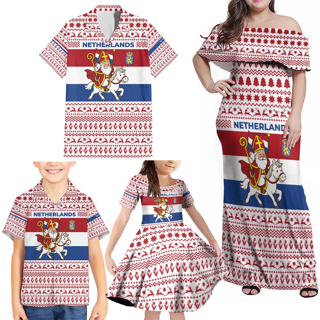 Netherlands Christmas Family Matching Off Shoulder Maxi Dress and Hawaiian Shirt with Sinterklaas Horse Dutch Flag and Festive Knit Pattern - Wonder Print Shop