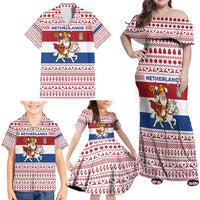 Netherlands Christmas Family Matching Off Shoulder Maxi Dress and Hawaiian Shirt with Sinterklaas Horse Dutch Flag and Festive Knit Pattern - Wonder Print Shop
