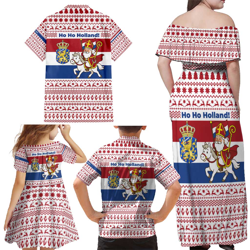 Netherlands Christmas Family Matching Off Shoulder Maxi Dress and Hawaiian Shirt with Sinterklaas Horse Dutch Flag and Festive Knit Pattern - Wonder Print Shop