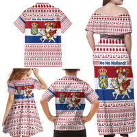 Netherlands Christmas Family Matching Off Shoulder Maxi Dress and Hawaiian Shirt with Sinterklaas Horse Dutch Flag and Festive Knit Pattern - Wonder Print Shop