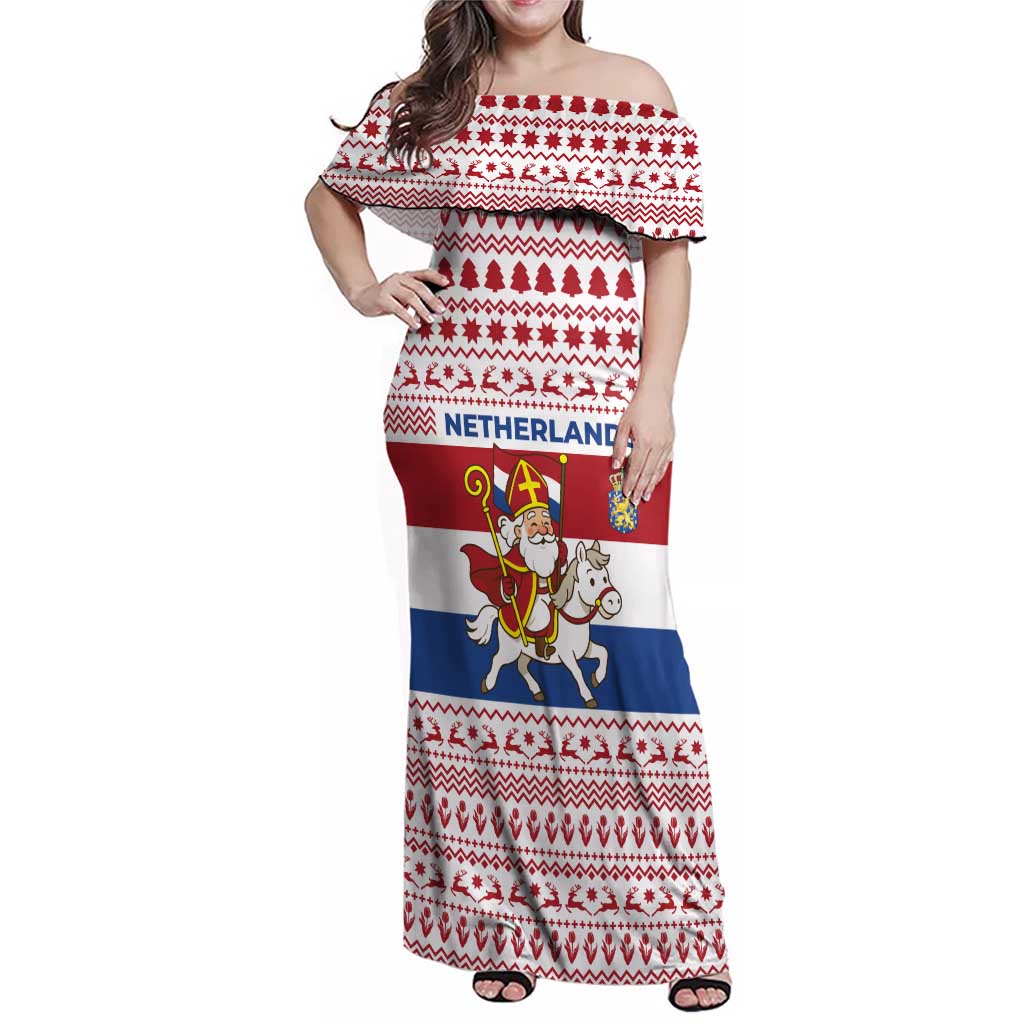 Netherlands Christmas Family Matching Off Shoulder Maxi Dress and Hawaiian Shirt with Sinterklaas Horse Dutch Flag and Festive Knit Pattern - Wonder Print Shop
