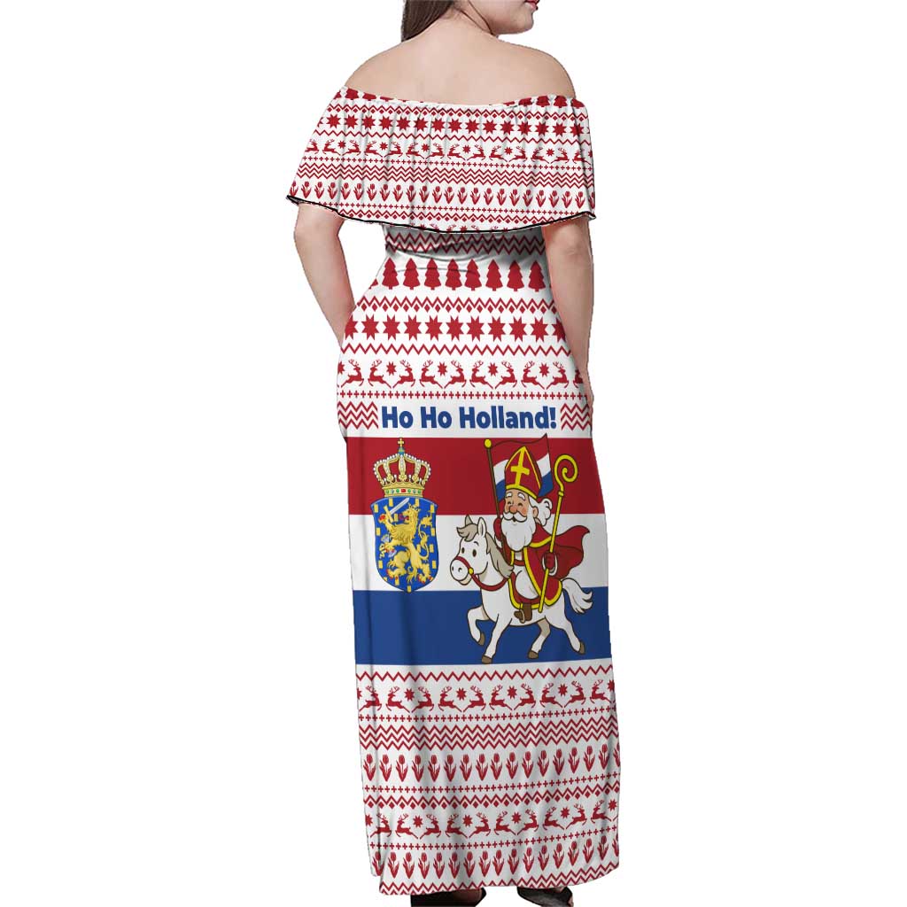 Netherlands Christmas Family Matching Off Shoulder Maxi Dress and Hawaiian Shirt with Sinterklaas Horse Dutch Flag and Festive Knit Pattern - Wonder Print Shop
