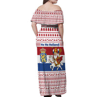 Netherlands Christmas Family Matching Off Shoulder Maxi Dress and Hawaiian Shirt with Sinterklaas Horse Dutch Flag and Festive Knit Pattern - Wonder Print Shop