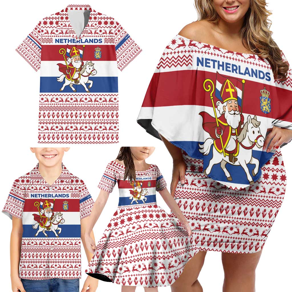 Netherlands Christmas Family Matching Off Shoulder Short Dress and Hawaiian Shirt with Sinterklaas Horse Dutch Flag and Festive Knit Pattern - Wonder Print Shop