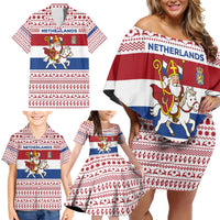 Netherlands Christmas Family Matching Off Shoulder Short Dress and Hawaiian Shirt with Sinterklaas Horse Dutch Flag and Festive Knit Pattern - Wonder Print Shop