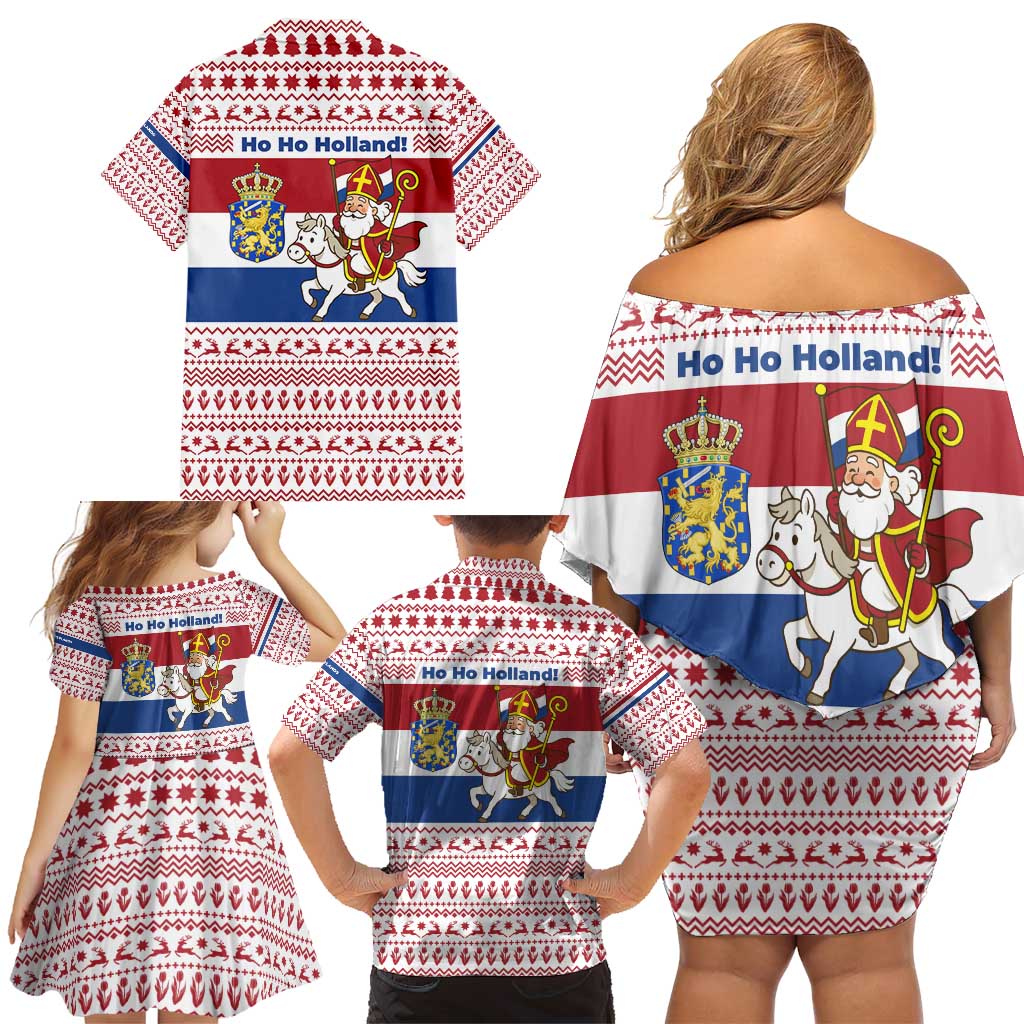 Netherlands Christmas Family Matching Off Shoulder Short Dress and Hawaiian Shirt with Sinterklaas Horse Dutch Flag and Festive Knit Pattern - Wonder Print Shop