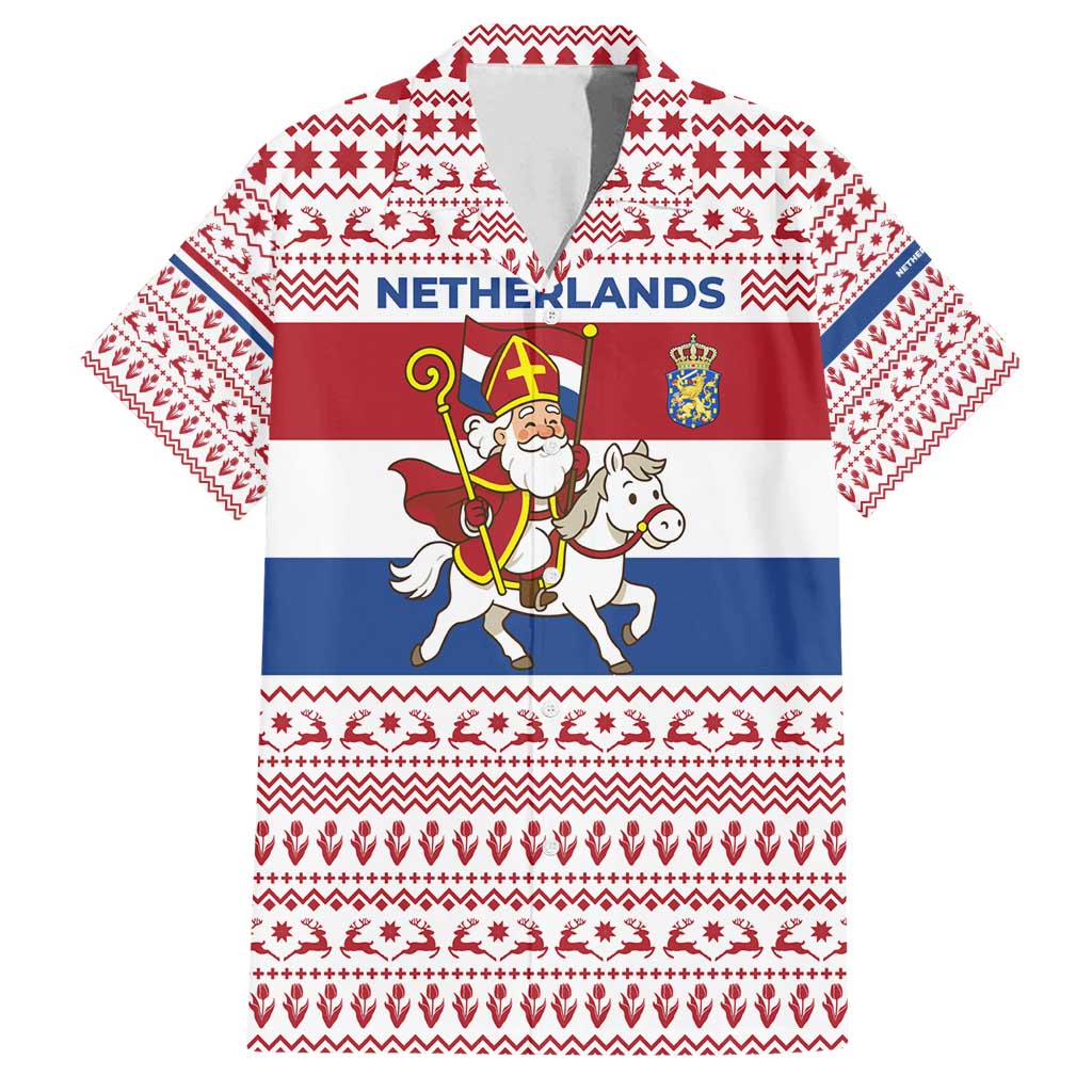 Netherlands Christmas Family Matching Off Shoulder Short Dress and Hawaiian Shirt with Sinterklaas Horse Dutch Flag and Festive Knit Pattern - Wonder Print Shop