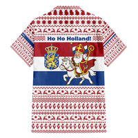 Netherlands Christmas Family Matching Off Shoulder Short Dress and Hawaiian Shirt with Sinterklaas Horse Dutch Flag and Festive Knit Pattern - Wonder Print Shop