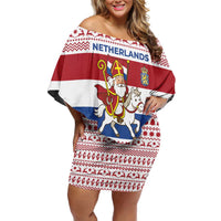 Netherlands Christmas Family Matching Off Shoulder Short Dress and Hawaiian Shirt with Sinterklaas Horse Dutch Flag and Festive Knit Pattern - Wonder Print Shop