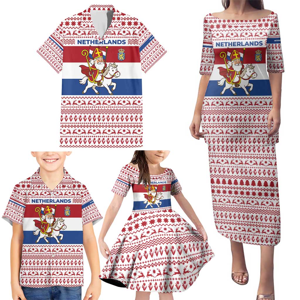 Netherlands Christmas Family Matching Puletasi and Hawaiian Shirt with Sinterklaas Horse Dutch Flag and Festive Knit Pattern - Wonder Print Shop