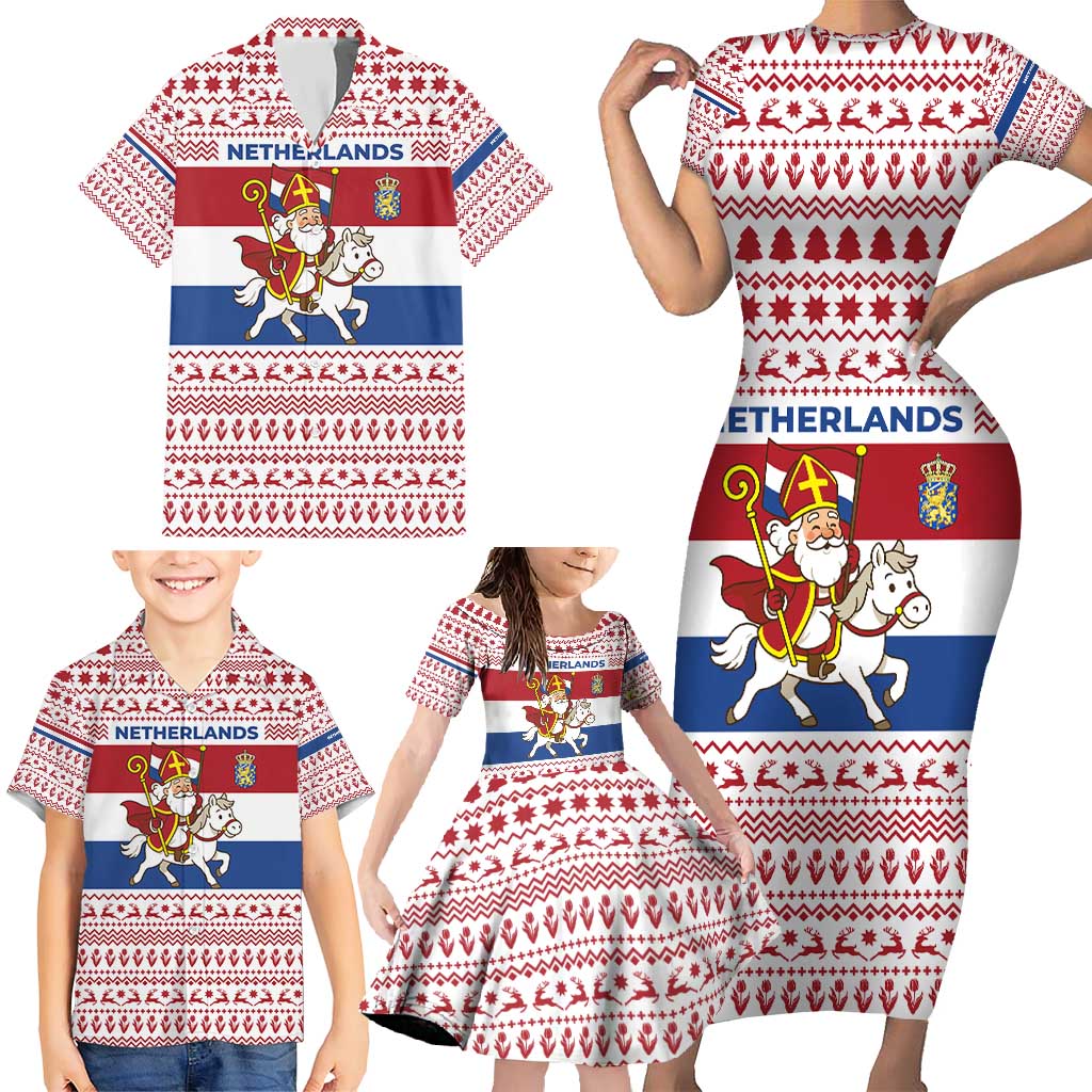 Netherlands Christmas Family Matching Short Sleeve Bodycon Dress and Hawaiian Shirt with Sinterklaas Horse Dutch Flag and Festive Knit Pattern - Wonder Print Shop