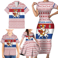 Netherlands Christmas Family Matching Short Sleeve Bodycon Dress and Hawaiian Shirt with Sinterklaas Horse Dutch Flag and Festive Knit Pattern - Wonder Print Shop