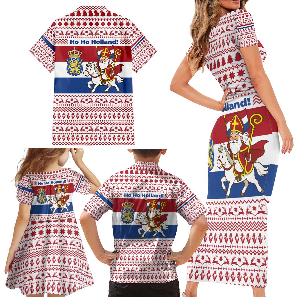 Netherlands Christmas Family Matching Short Sleeve Bodycon Dress and Hawaiian Shirt with Sinterklaas Horse Dutch Flag and Festive Knit Pattern - Wonder Print Shop