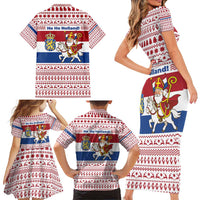 Netherlands Christmas Family Matching Short Sleeve Bodycon Dress and Hawaiian Shirt with Sinterklaas Horse Dutch Flag and Festive Knit Pattern - Wonder Print Shop