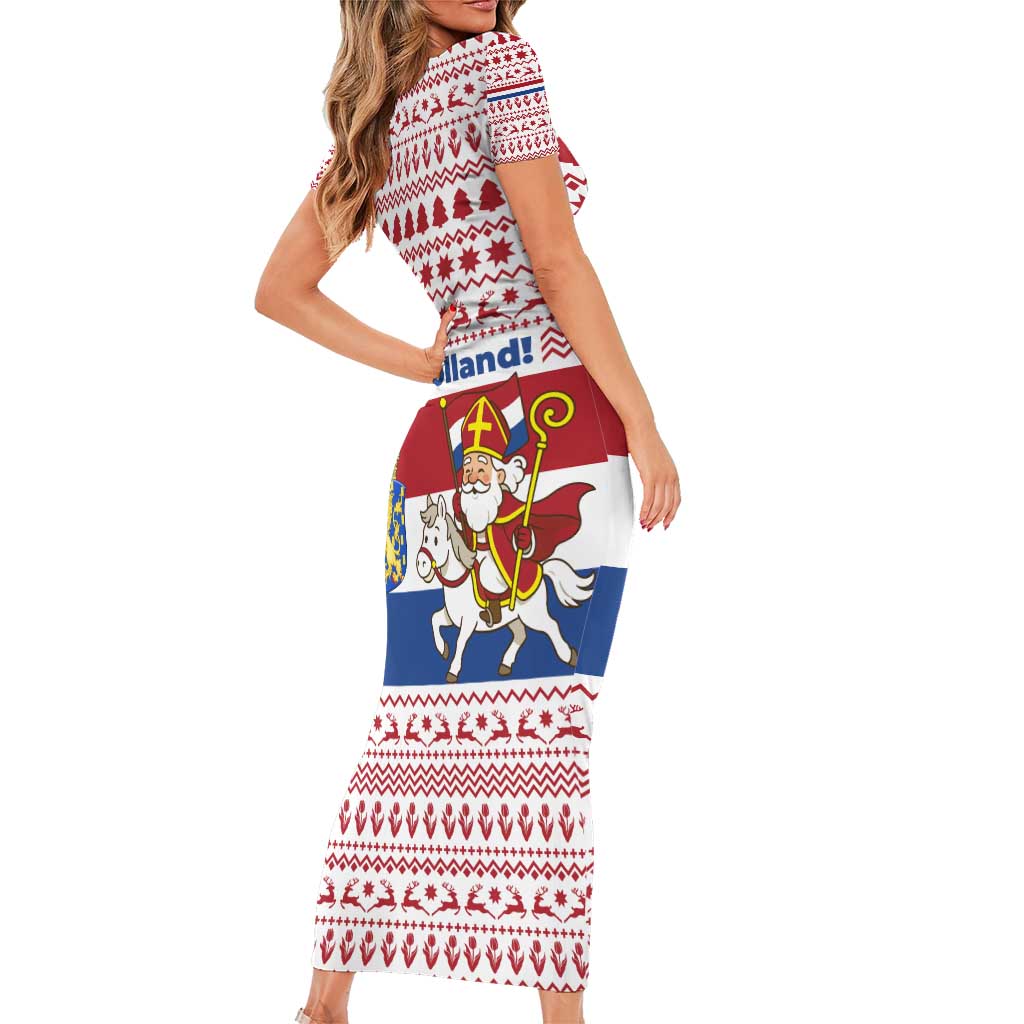 Netherlands Christmas Family Matching Short Sleeve Bodycon Dress and Hawaiian Shirt with Sinterklaas Horse Dutch Flag and Festive Knit Pattern - Wonder Print Shop