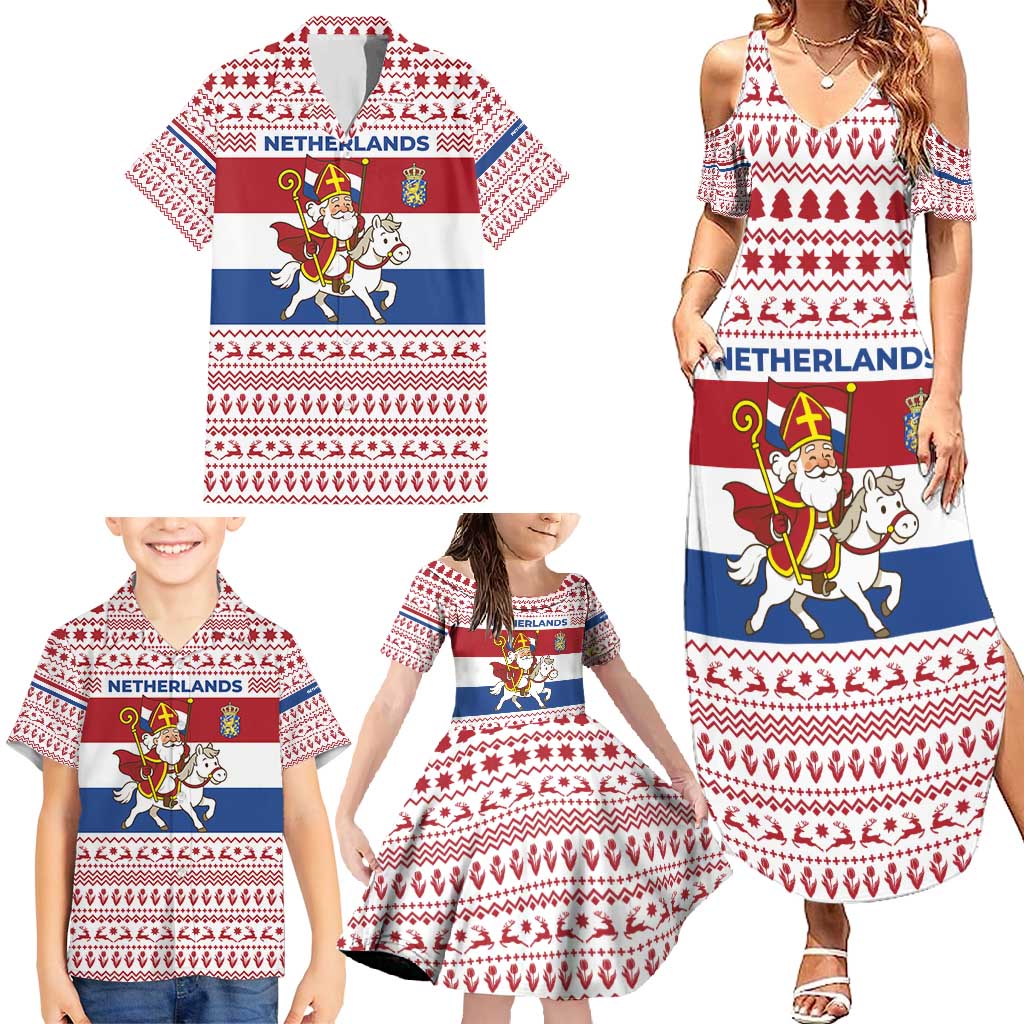 Netherlands Christmas Family Matching Summer Maxi Dress and Hawaiian Shirt with Sinterklaas Horse Dutch Flag and Festive Knit Pattern - Wonder Print Shop