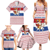 Netherlands Christmas Family Matching Summer Maxi Dress and Hawaiian Shirt with Sinterklaas Horse Dutch Flag and Festive Knit Pattern - Wonder Print Shop