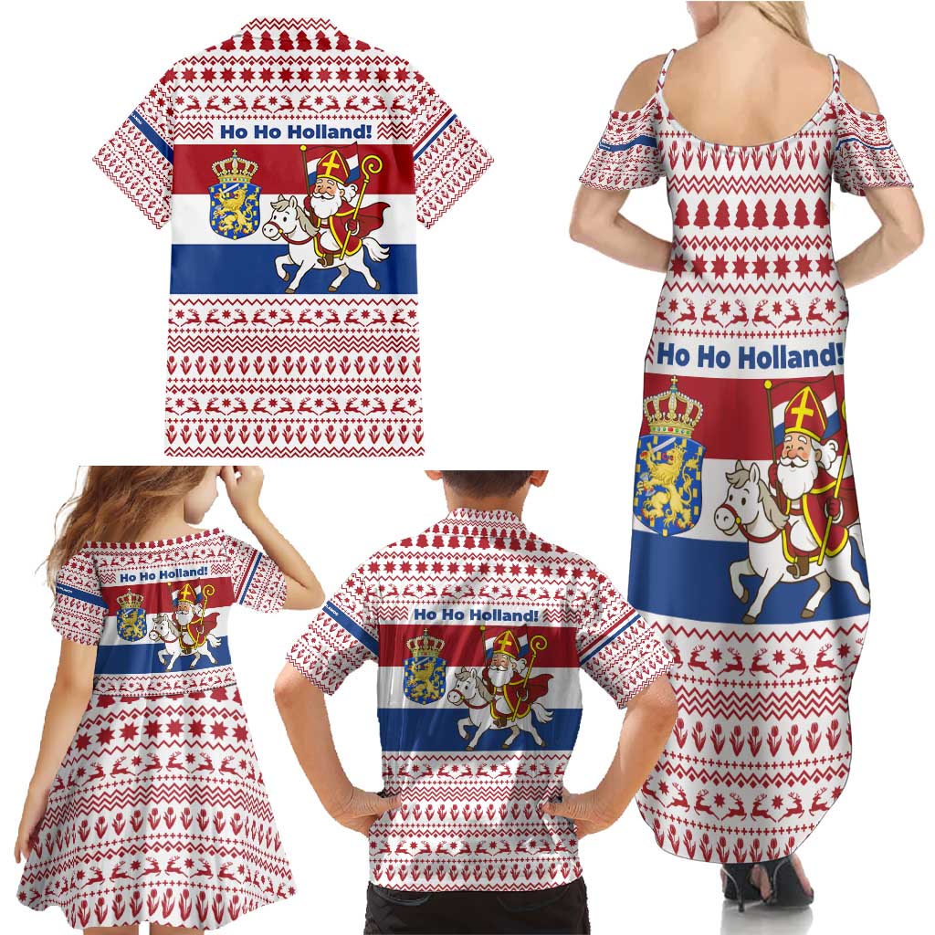 Netherlands Christmas Family Matching Summer Maxi Dress and Hawaiian Shirt with Sinterklaas Horse Dutch Flag and Festive Knit Pattern - Wonder Print Shop