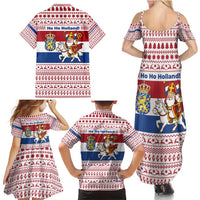 Netherlands Christmas Family Matching Summer Maxi Dress and Hawaiian Shirt with Sinterklaas Horse Dutch Flag and Festive Knit Pattern - Wonder Print Shop