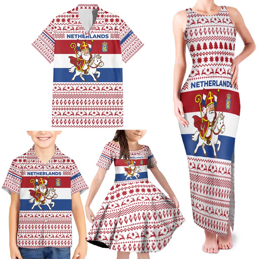 Netherlands Christmas Family Matching Tank Maxi Dress and Hawaiian Shirt with Sinterklaas Horse Dutch Flag and Festive Knit Pattern - Wonder Print Shop