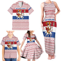 Netherlands Christmas Family Matching Tank Maxi Dress and Hawaiian Shirt with Sinterklaas Horse Dutch Flag and Festive Knit Pattern - Wonder Print Shop