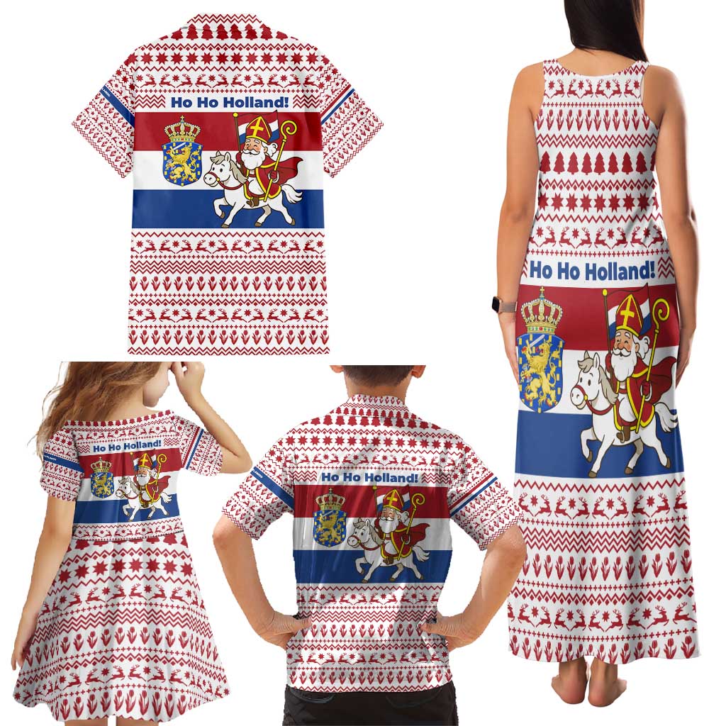 Netherlands Christmas Family Matching Tank Maxi Dress and Hawaiian Shirt with Sinterklaas Horse Dutch Flag and Festive Knit Pattern - Wonder Print Shop