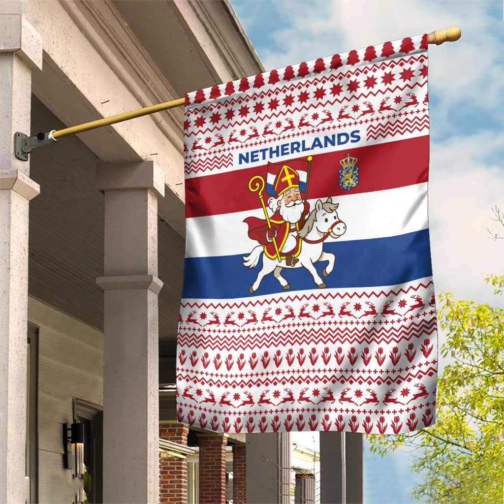 Netherlands Christmas Garden Flag with Sinterklaas Horse Dutch Flag and Festive Knit Pattern - Wonder Print Shop