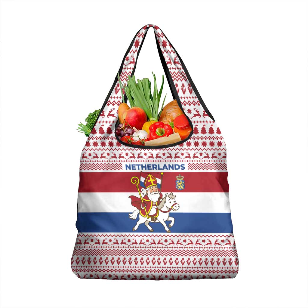 Netherlands Christmas Grocery Bag with Sinterklaas Horse Dutch Flag and Festive Knit Pattern - Wonder Print Shop