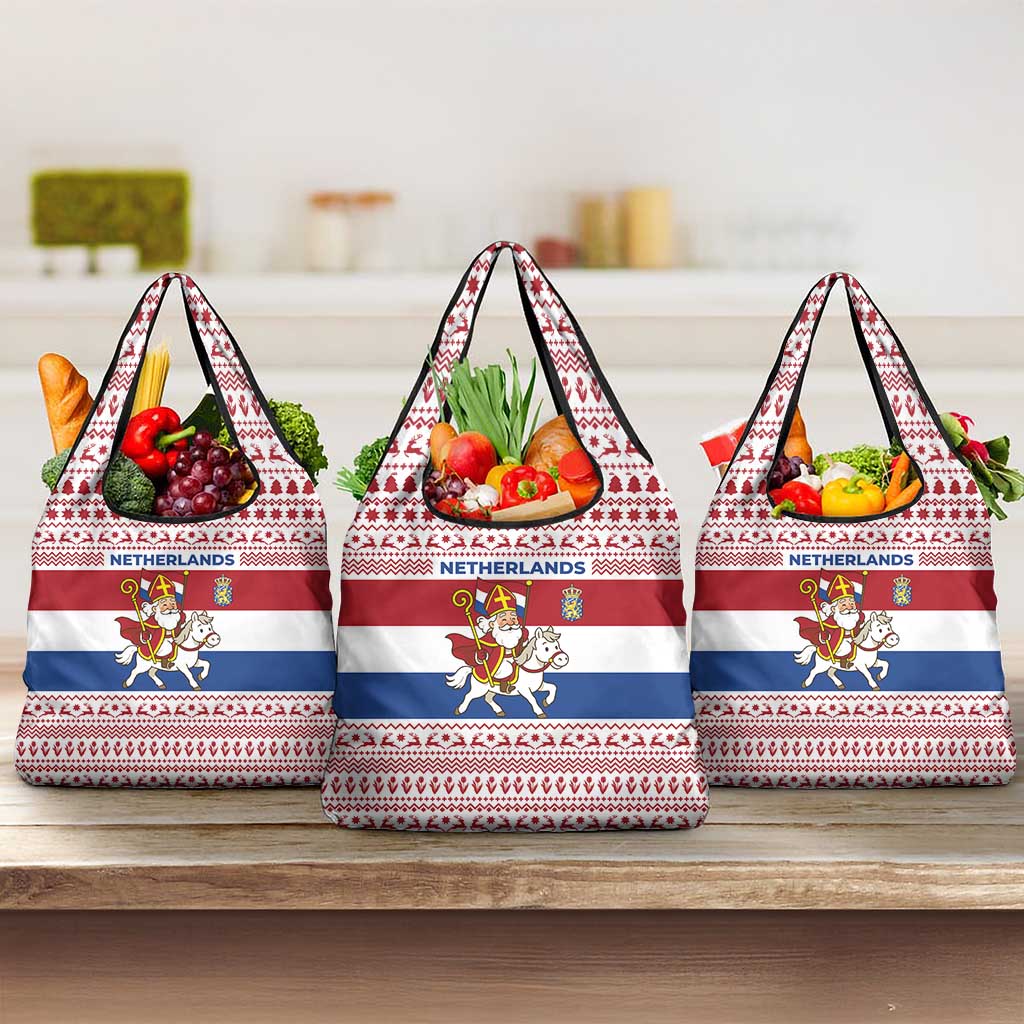 Netherlands Christmas Grocery Bag with Sinterklaas Horse Dutch Flag and Festive Knit Pattern - Wonder Print Shop