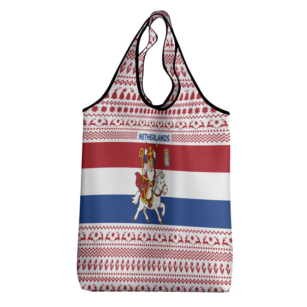 Netherlands Christmas Grocery Bag with Sinterklaas Horse Dutch Flag and Festive Knit Pattern - Wonder Print Shop